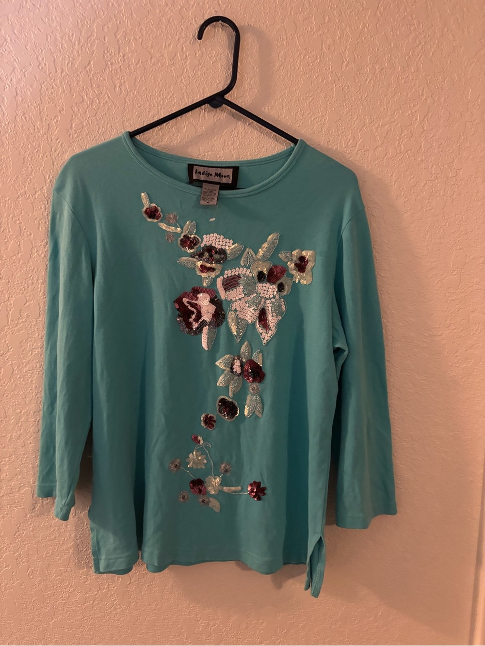 Indigo Teal Floral Sequin Embellished Long Sleeve Tee